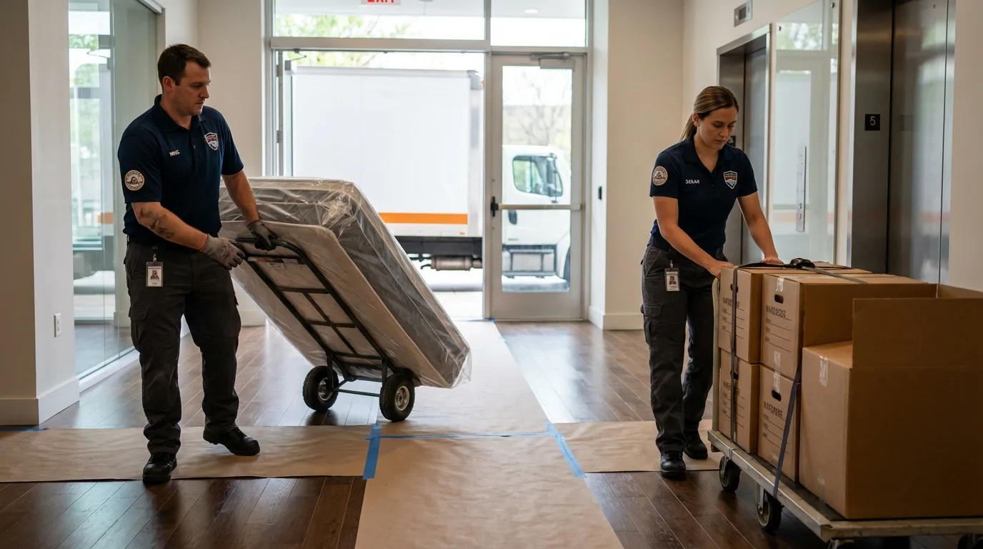 Professional apartment movers loading elevator in Bayboro, NC